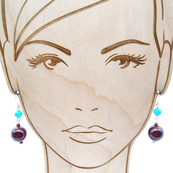 Brown and Turquoise Beaded Earrings, Double Drop Lucite Vintage Coordinate Dangl - Picture 1 of 3